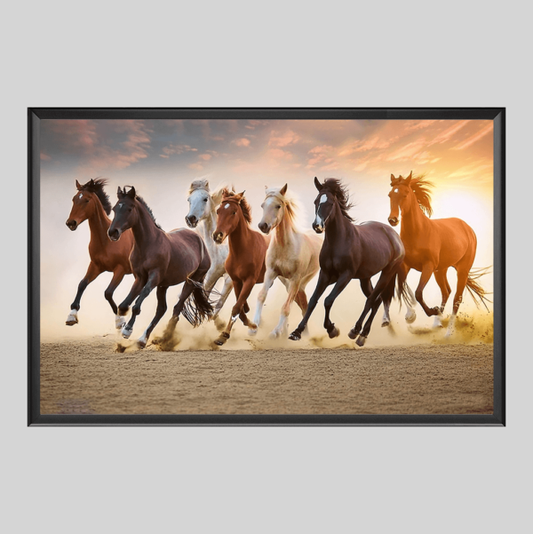 Auspicious Seven Horse Riding - Large Painting with Frame (12x18 Inch) | Vaastu Wall Art